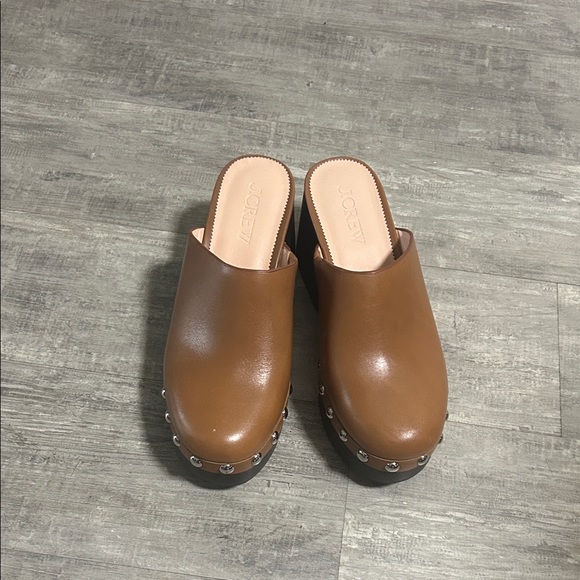 J. Crew Tan Leather Platform Mules/Clog with Silver Accents Size 8.5 - Picture 5 of 7